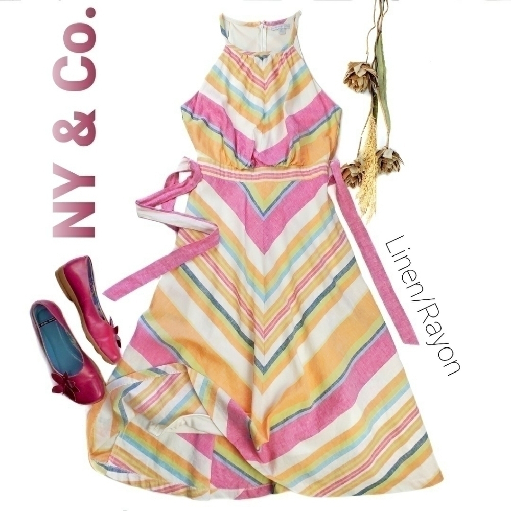 N Y & Co Pink White Orange Stripe Linen Dress XS